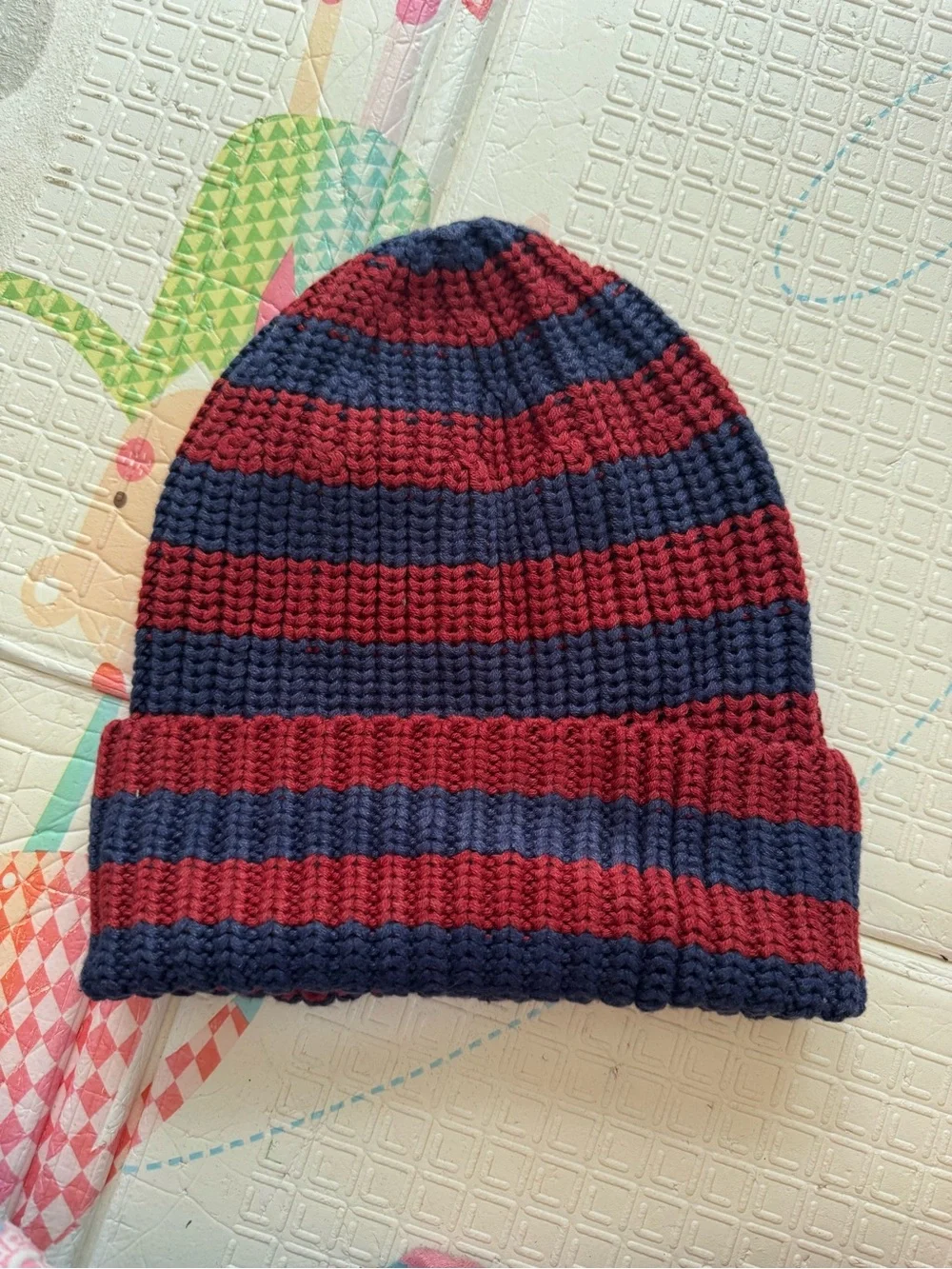 Hanna Anderson Kids Knit Beanie - Navy & Burgundy Stripes